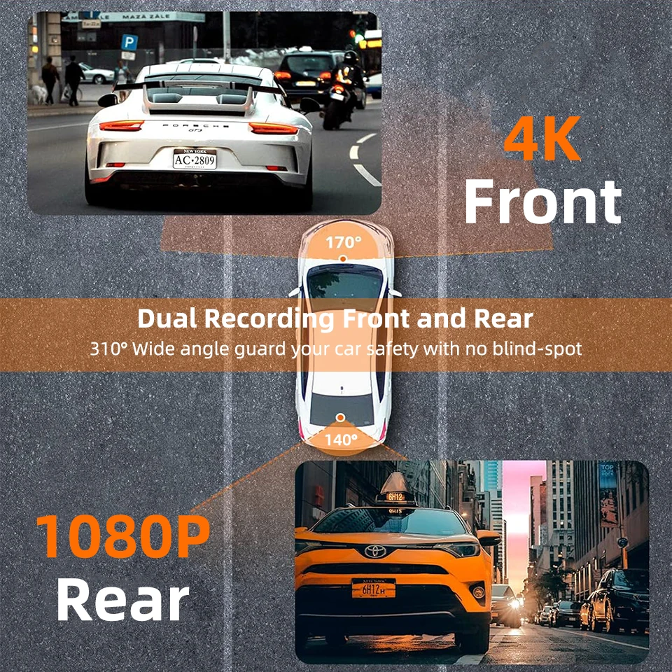Dash Car Camera Built-In Wi-Fi＆GPS 24H 170° Wide Angle Parking Monitoring Night Vision 1080P Rear Camera UHD 4K Video Recorder