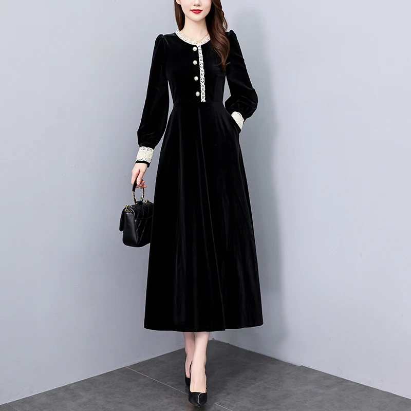 M-3XL Elegant Women Lace Trims O Neck Velour Long Dress 2024 Autumn Winter Single Breasted Pockets Black Velvet Office Vestidos