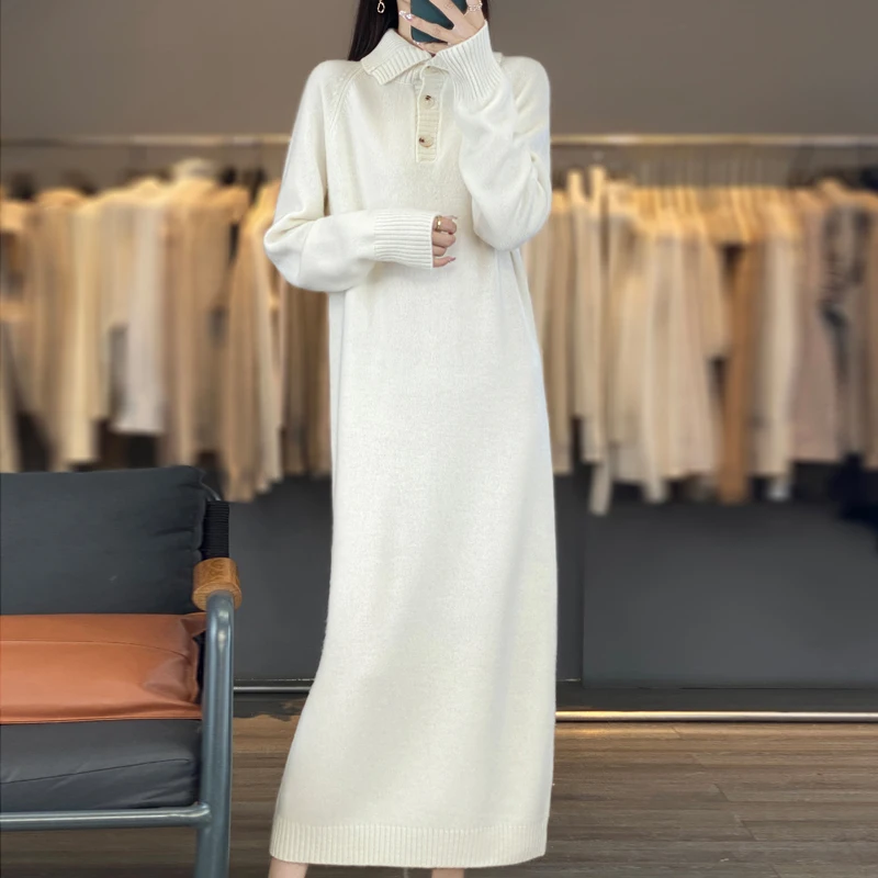 

Autumn and winter Pure wool dress, mid length over the knee with coat, Woolen Dress, Loose polo Collar, Knitted Bottom Skirt