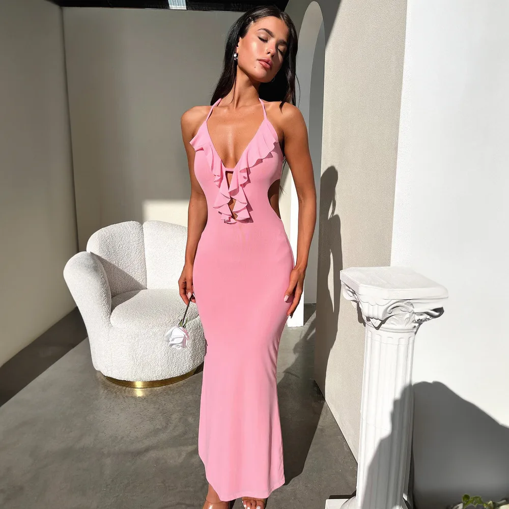 

Sexy Tight Fit Solid Color Halter Neck Strap Dress Summer Spicy Girl Solid Ruffle Edge Bodycon Women's Hollow Out Waist Vestidos