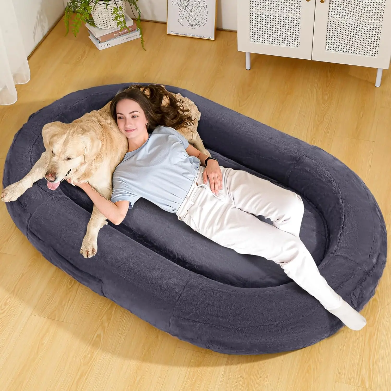 Large Inflatable Dog Bed with Scratch-Resistant Plush Fabric Cover, Thickened Inflatable Inner Liner, Deflatable and Foldable, Suitable for Adults and Pets, Waterproof Lining, Dark Gray, 71