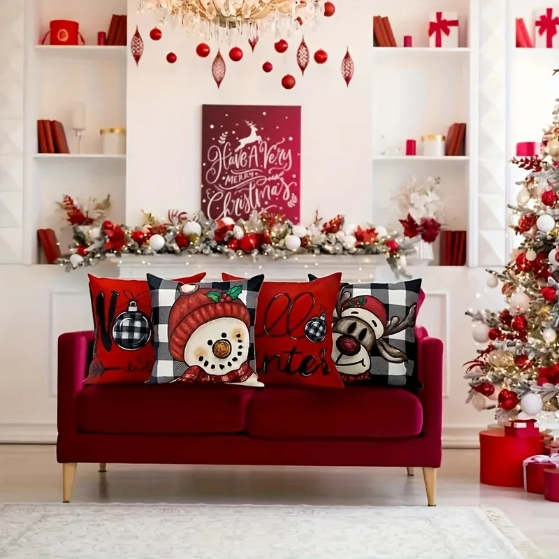 4pcs Holiday Throw Pillow Covers Set, Festive Snowman Reindeer Pattern,Soft Polyester, Zipper Closure,Machine Washable,No Insert