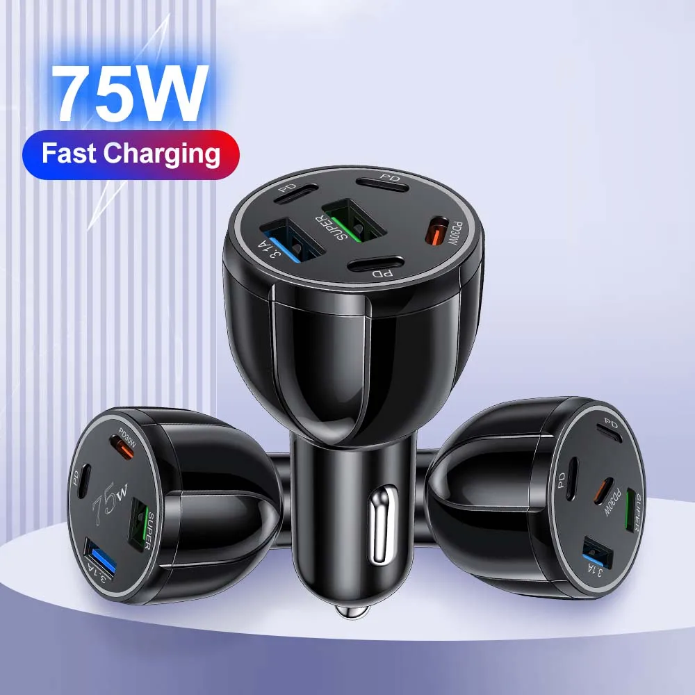 75W USB Car Charger 4-6 Ports QC3.0 PD Type C Fast Charging Plug Lighter Universal Adapter for IPhone Xiaomi Samsung