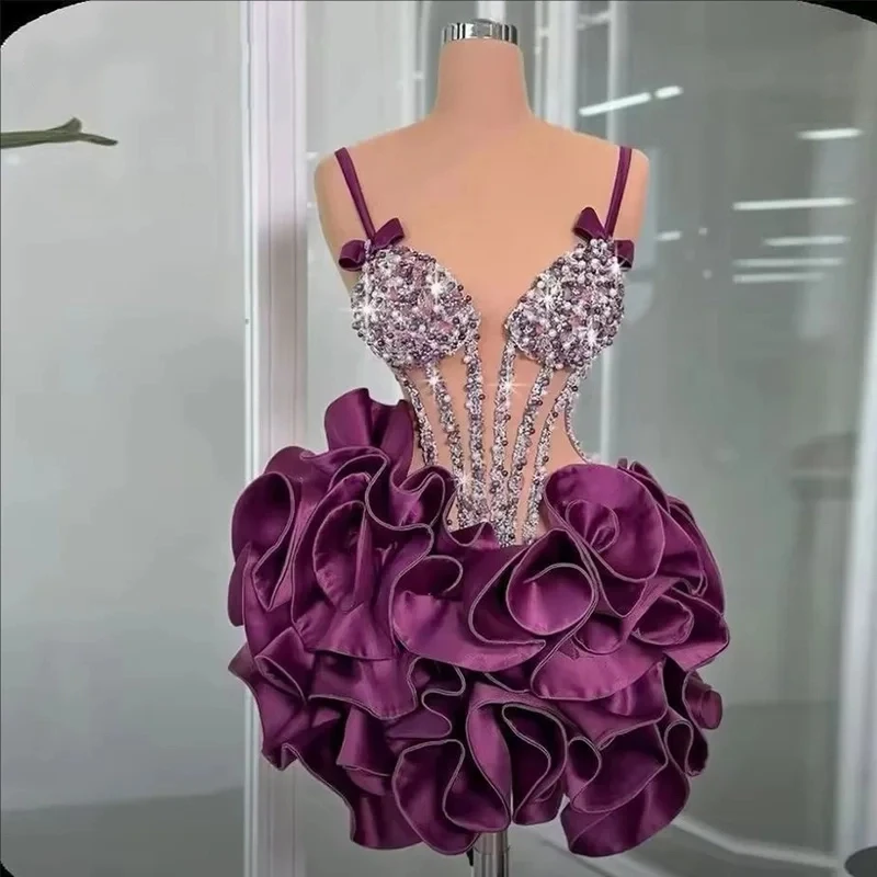 Mini robe de bal de Cocktail en diamant scintillante, personnalisée, avec nœud en V, Sexy, adaptée aux fêtes d'anniversaire et aux robes de retour