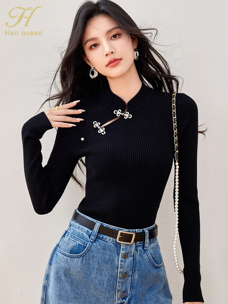 H Han Queen 2024 Autumn Tops Sweater Long Sleeve Black Vintage Casual knitted Pullover Sweaters Korean Style Women\'s Clothing