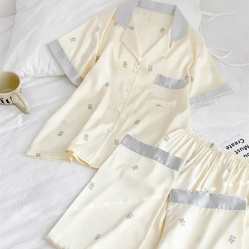 Cute Kawaii Little Bear Women\'s Pajamas French Y2k Elegant Harajuku Lazy Casual Nightgown 2024 New Summer Short Sleeve+pant Set