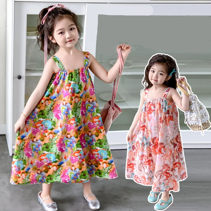 

Summer Girls' Spaghetti Strap Dress Soft Cotton Floral Print Casual Beach Dress for Kids Age 3-10 Height 90-140cm Lightweight Pl