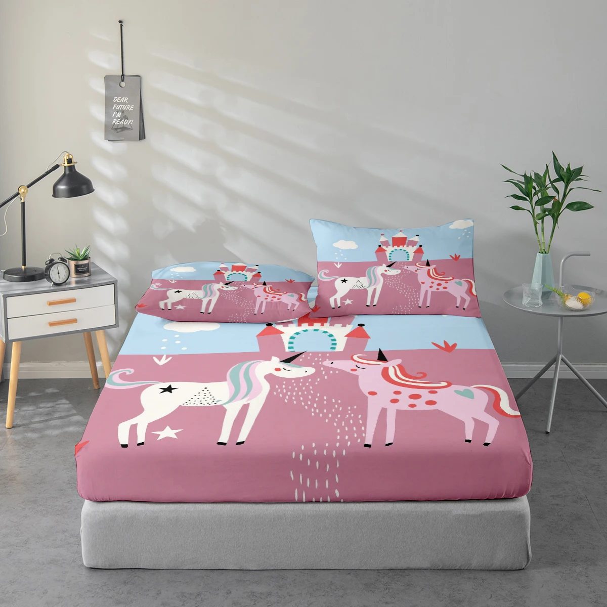Juego de sábanas con estampado de castillo de unicornio, protector de colchón y funda de almohada, juego de sábanas con estampado de alta definición que incluye 1 sábana ajustable + 1 o 2 fundas de almohada (60*100cm y 72*132cm son 1 funda de almohada, el