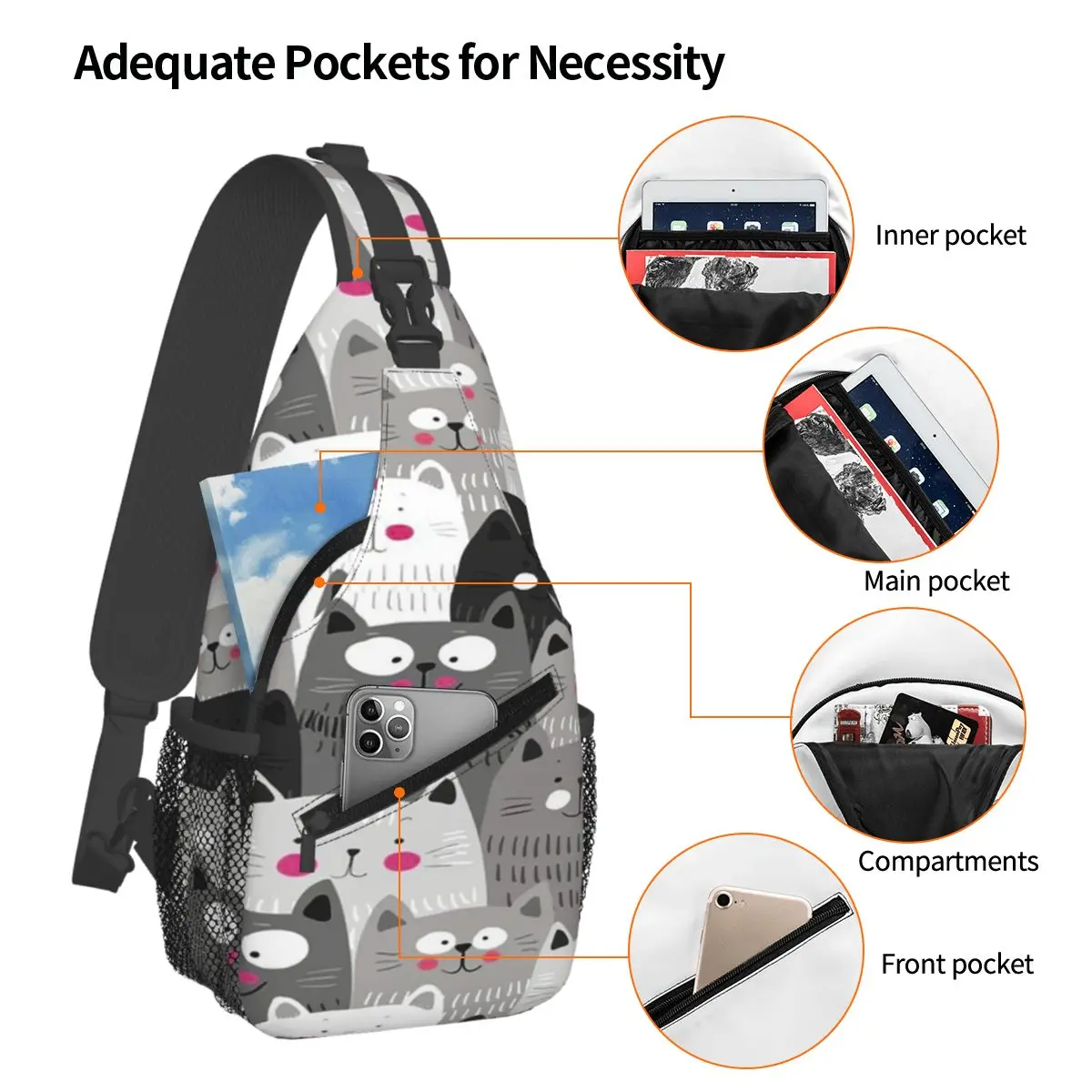 Cats Chest Bag Men Sling Crossbody Backpack Chest Bag Traveling Hiking Daypack Shoulder Bag