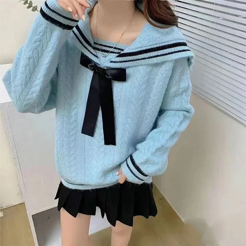 TPJB Korea Style Sailor Collar Pullover Sweaters Women Simple Twist Hit Color Women Jumpers New Loose Knitted Sweater