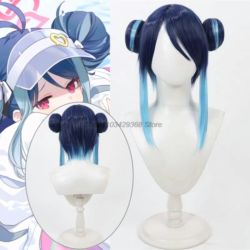 Juego azul archivo Nemugaki Fubuki Cosplay peluca juego de rol traje de baño peluca doble cola de caballo cabeza de moño para Halloween Carnaval