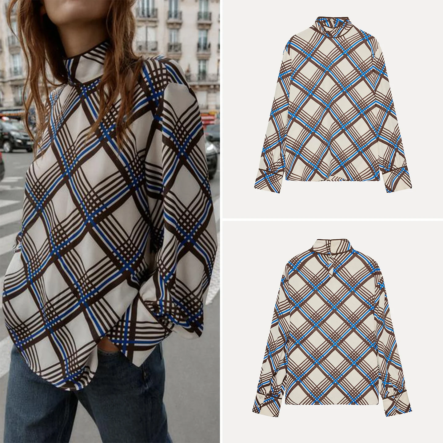 Z Faionable Plaid High Collar irt Women's Premium Quali 2025 New Arrival Versatile Personali Enhancing Autumn Lo...