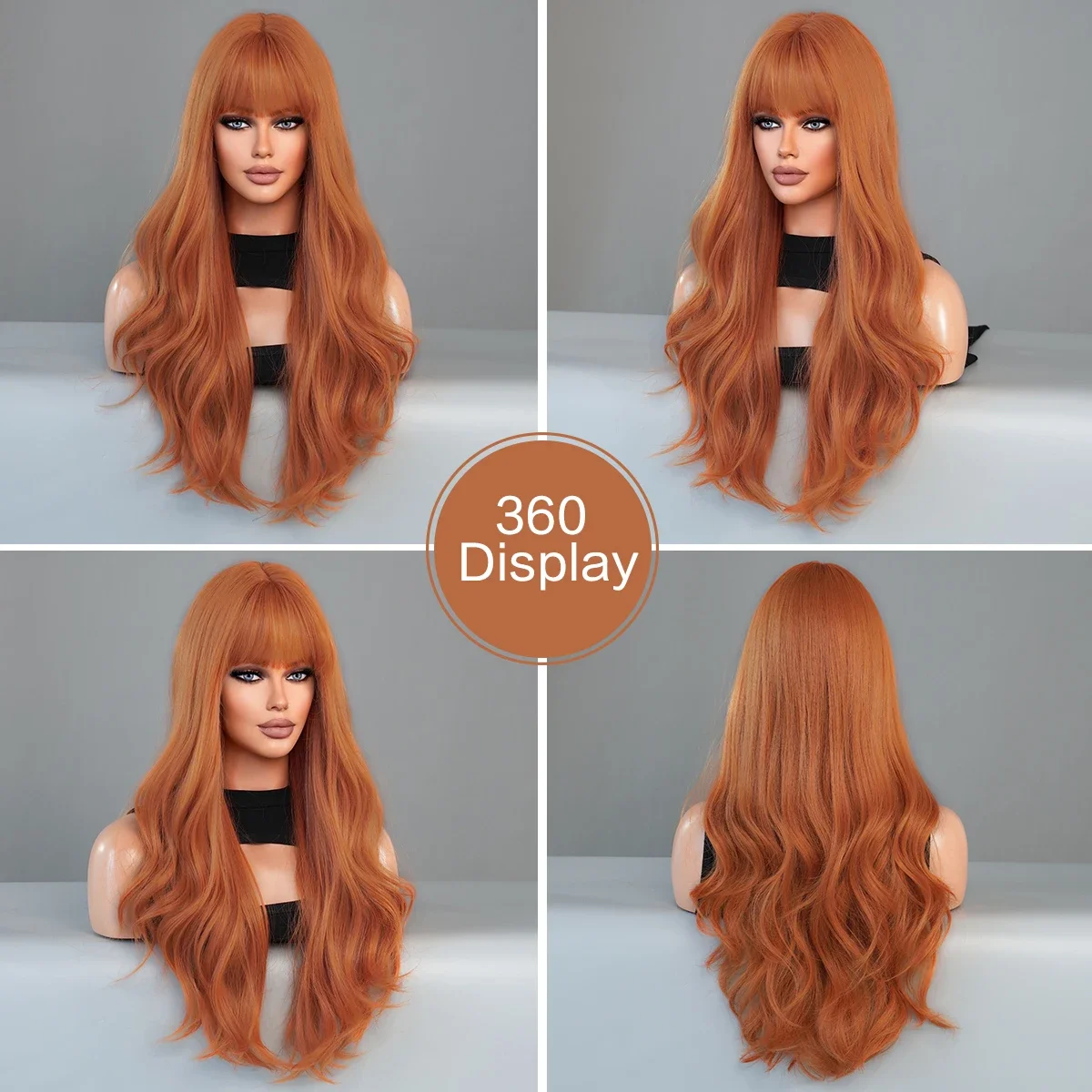 PARK YUN Long Wavy Orange Wig for Women Daily Party Cosplay High Density Synthetic Loose Body Wavy Ginger Hair Wigs with Bangs