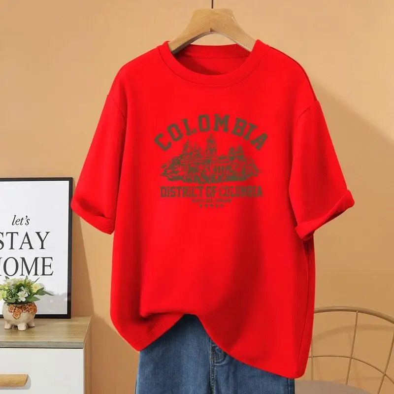 

Summer 100% Cotton Cartoon Letter Printed T-shirt, Vintage Loose Casual Basic Pullovers, Women Fashion Short Sleeve Top Tee