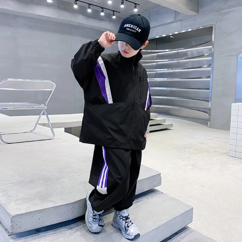 2025 Spring 4-12Y Boy 2PCS Clothes Street Set Long Sleeve Zipper Track Jacket Elastic Waist Purple Side Stripe Sport Pant Outfit