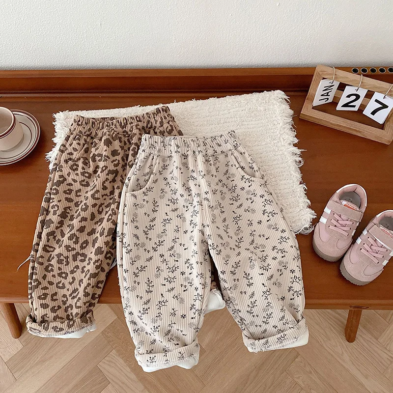 1-5 Years Full Leopard Print Warm Fleece Padded Children Pants INS Hot Floral Pattern Boys and Girls Winter Trousers