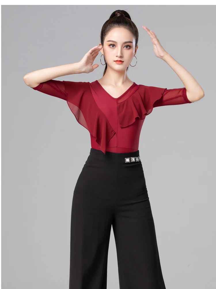 بدلة رقص لاتينية سوداء برقبة على شكل حرف v وأكمام قصيرة من قطعة واحدة زي موحد للنساء ملابس رياضية للرقص القياسية الحديثة والل...