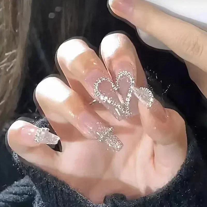 24 pçs/caixa coração diamante unhas falsas imprensa em unhas coração unhas falsas frete grátis dicas de unhas adesivo conjunto de unhas imprensa na arte do prego