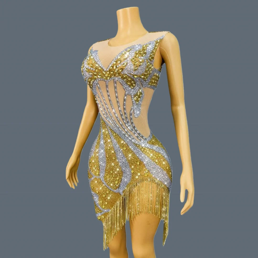 Sparkly Crystals Golden Chains Cocktail Dress Sexy Women Luxury Evening Dress Sheer Mesh Dance Show Short Dresses Huangjindie