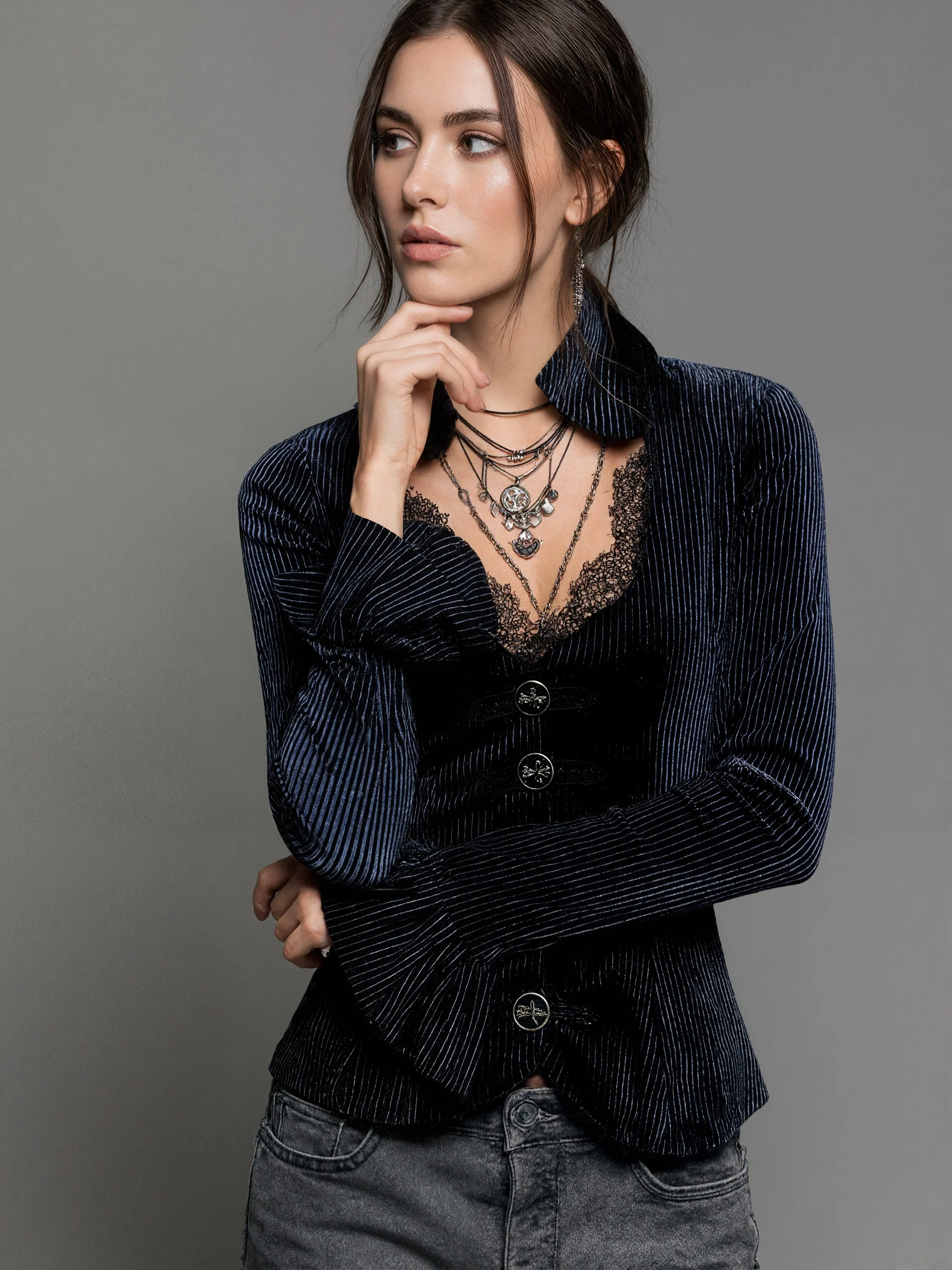 Women V-neck Lace Splicing Flare Sleeve Striped Blouses Europe Americ Sexy Slim Tops Shirts Elegant Button Front Women's Blouse