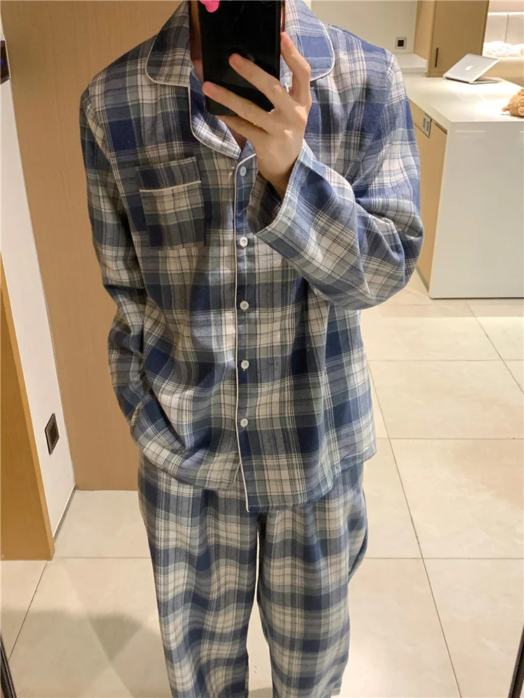 Lovers New Home Plaid Korean Winter Loose Long Sleeve Pajama Set Women Elegant Casual Comfortable Couple Sleepwear Simple Ins