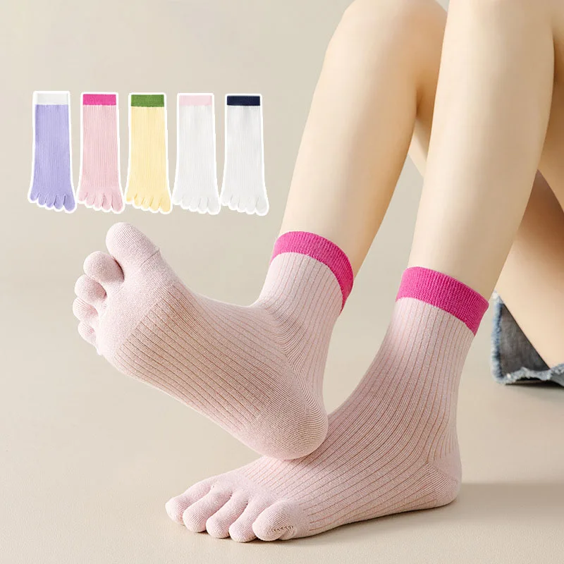 Candy Color Splicing Five Finger Mid Tube Socks Women Summer Cotton Breathable Sweat Absorbing Split Toe Socks Sweet 5 Toe Socks