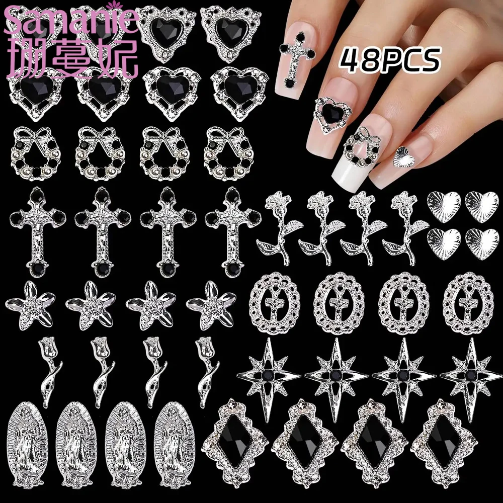 48PCS 3D Alloy Nail Art Rhinestone Charms Gold Cross Hearts Bow Rose Wreath Nail Decoration Y2K Love Crystals Manicure Supplies