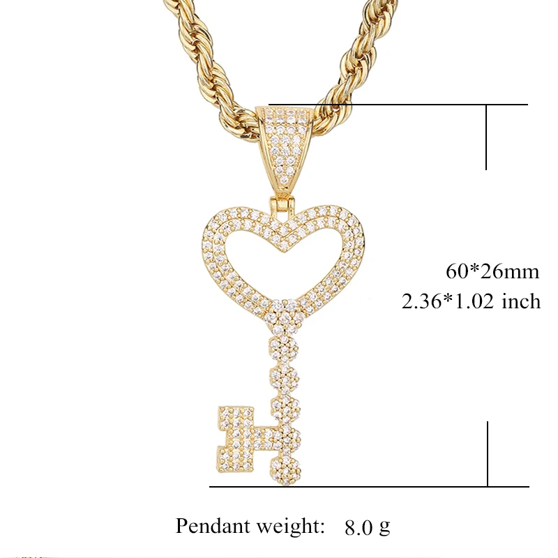 

Iced Out Hip Hop 14k Gold Plated heart key Zircon copper Pendants