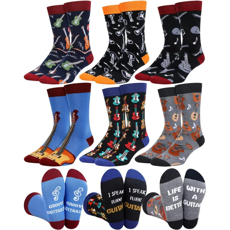 Haysandy 6 Pairs Men Music Socks Guitar Socks Casual Dress Socks Instruments Crew Socks for Music Lover Christmas Gift