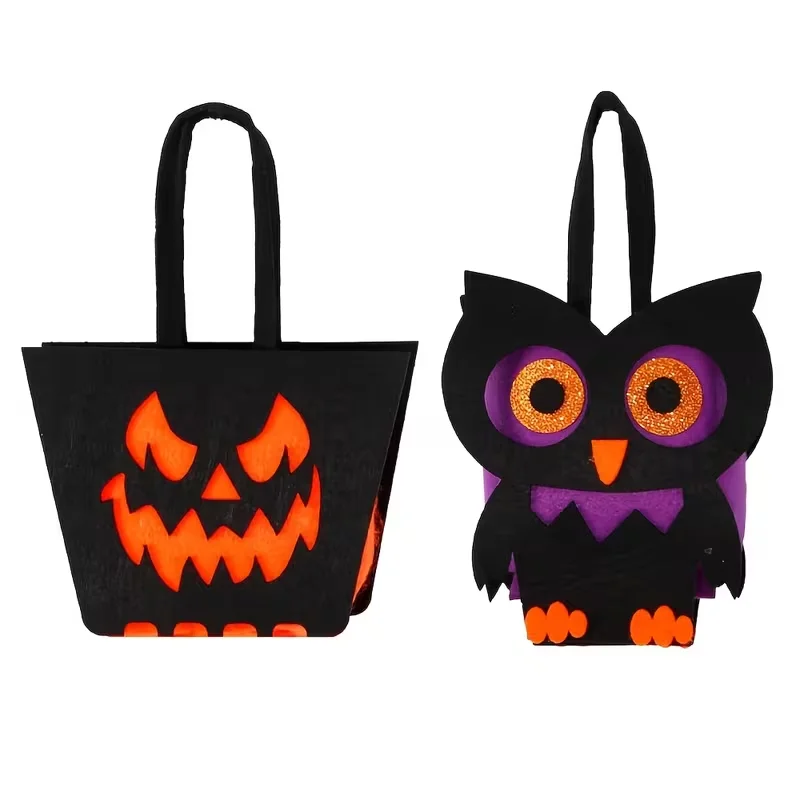 2-Pack Halloween Tote Bags That Need to Be DIY Assembled, with Designs of Owls, Pumpkins, Spiders, and Haunted Houses. Reusable Halloween Gift Bags, Holiday Gift Storage Tote Bags, Halloween Felt Bags with Bat and Owl Shapes, Children's Tote Bags, Halloween Party Decorations, Candy Bags