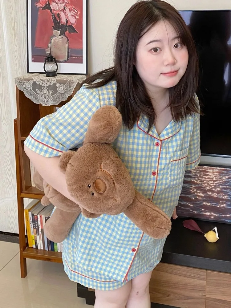 Plus size 100kg Plaid Cotton Pajamas Women's Summer 2024 New Cotton Net Red Wind Home Clothes suit Summer M-5XL