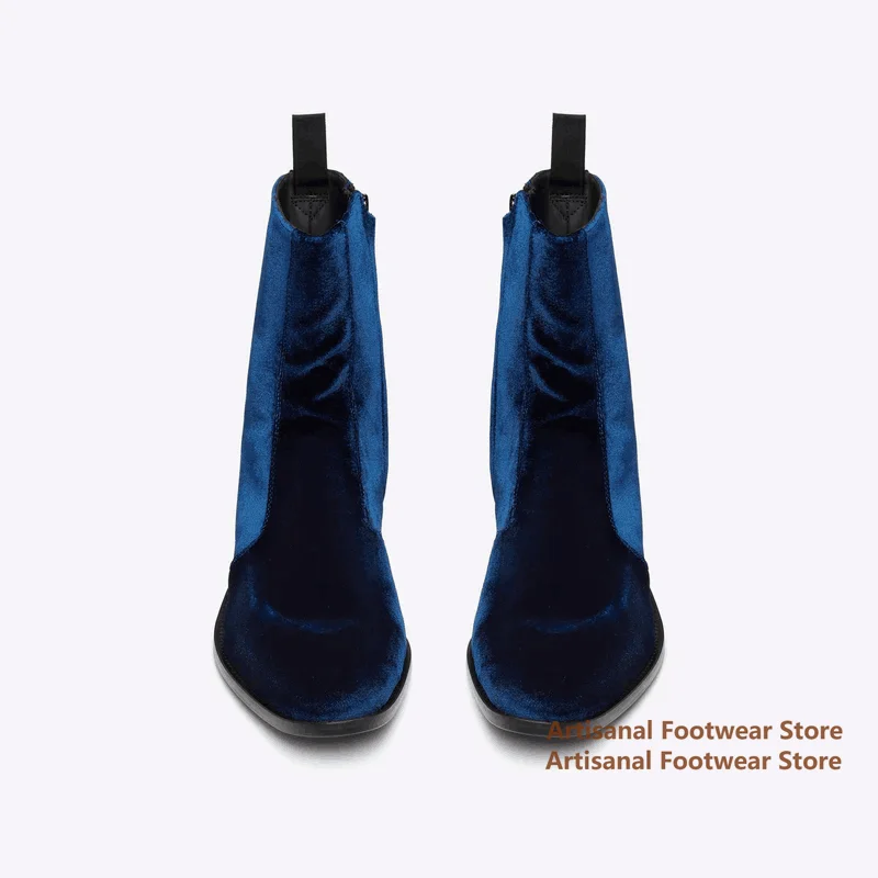 

Sky Blue Velvet Chelsea Boots Side Zipper High-Top Red Leather Boots Luxury Designer Handmade Height Increased Men Boots
