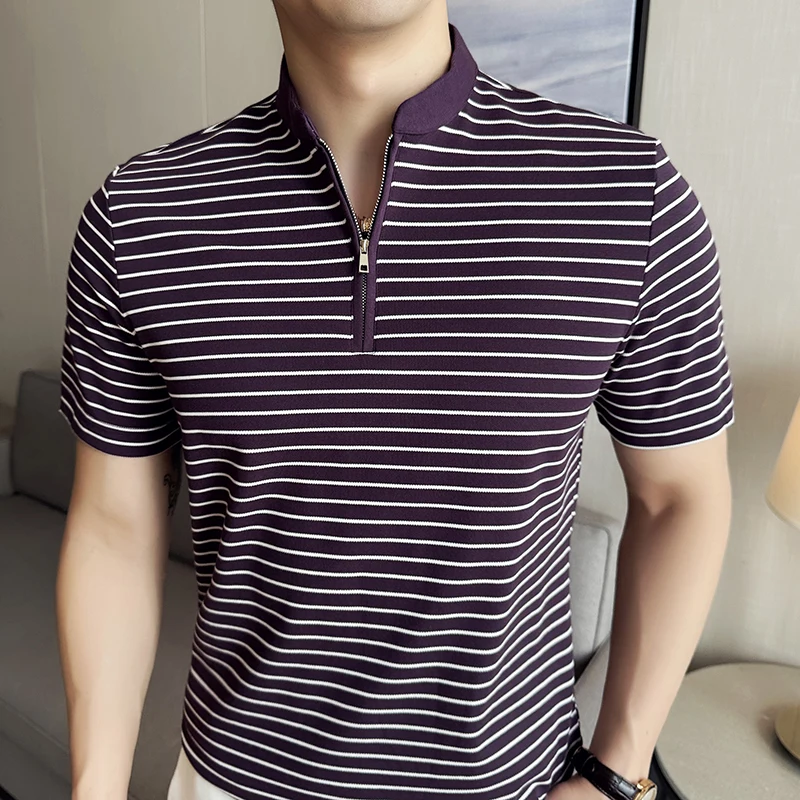 Men Chinese Style Standing Collar Striped Polo Shirt 2024 Summer Item Light Thin Casual Elastic Slim Fit Short Sleeved T-shirt