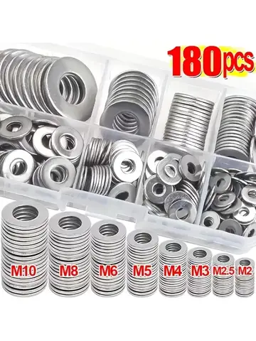 Kit de Ferramentas com 180 Peças de Arruelas Planas - Superfície Polida Durável, Ideal para Reparos Industriais e Necessidades Diárias