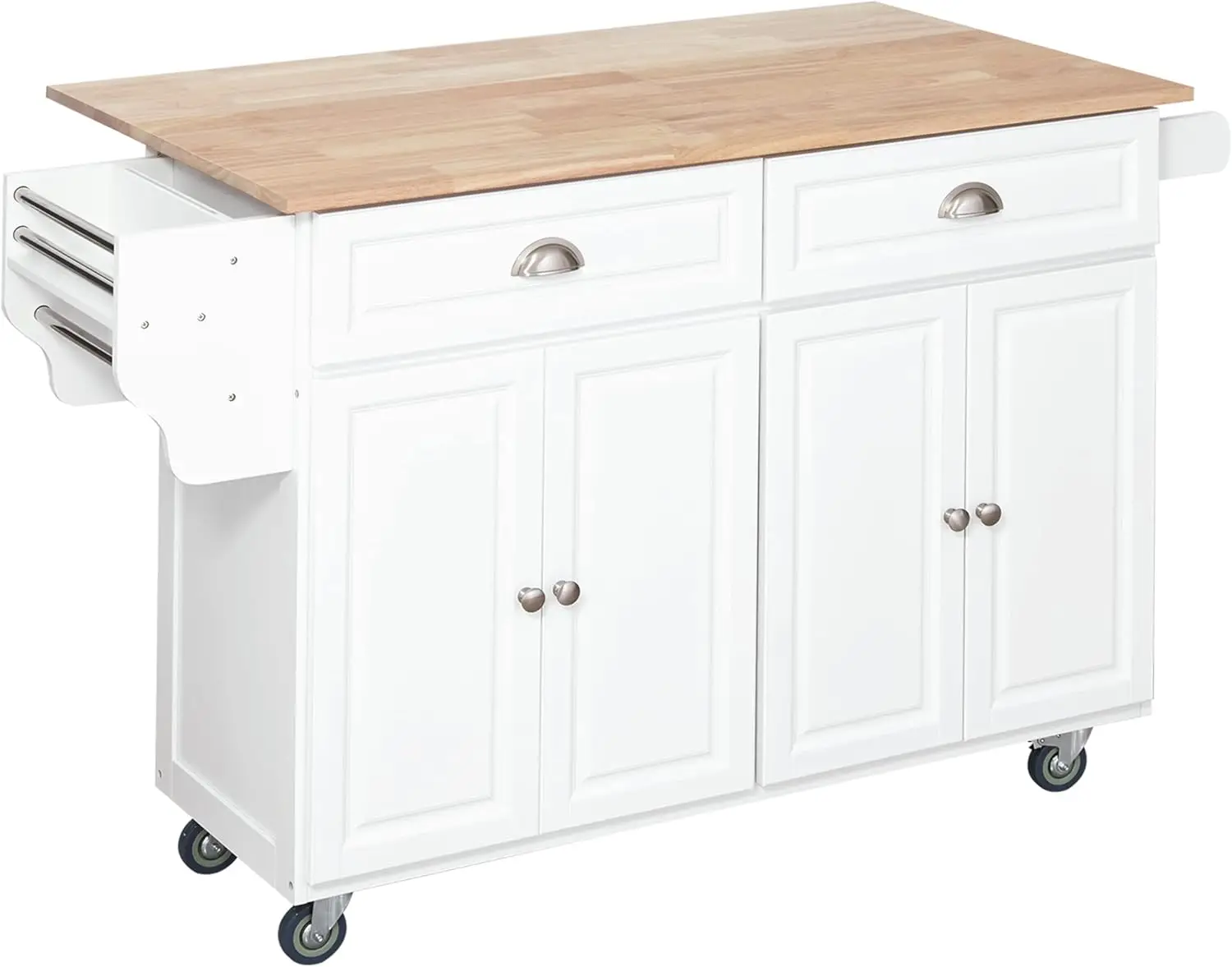 Island Drop Leaf, Kitchen Cart on Wheels, Solid Wood Top Breakfast Nook with Storage Drawers, 4-Door