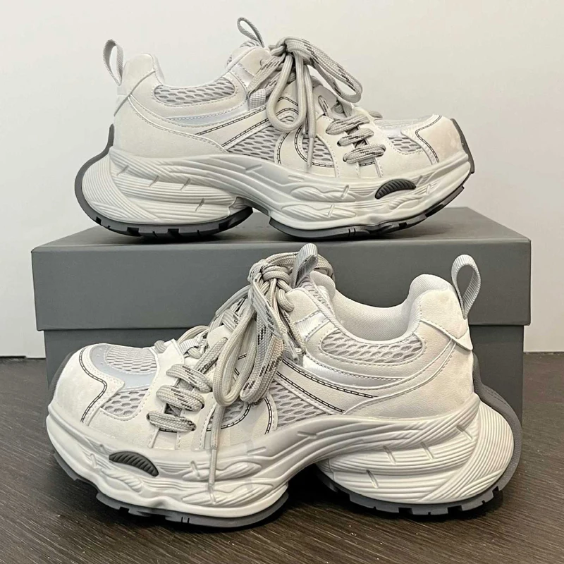 Women's White Chunky Dad Sneakers Round Toe Microfiber Mesh Patchwork Running Shoes Autumn Platform Breathable Casual Dad Shoes