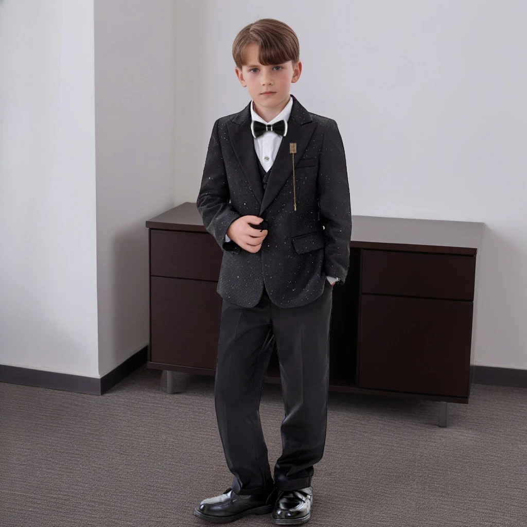 Boys Sequins Blazer Suit Set Black Elegant Teen Kids Piano Recital Performance Tuxedo Flower Child Wedding Birthday Party Outfit