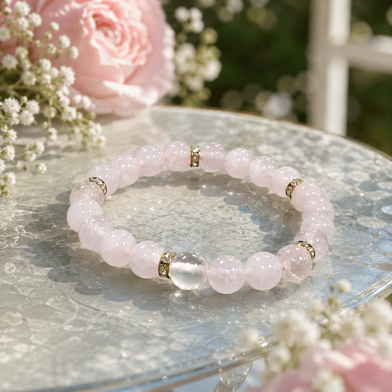 Pink Promise Beaded Bracelet, Light Pink Translucent Stretch Bracelet With Gold Tone Spacer, Meaningful Daily Wear Jewelry Gift