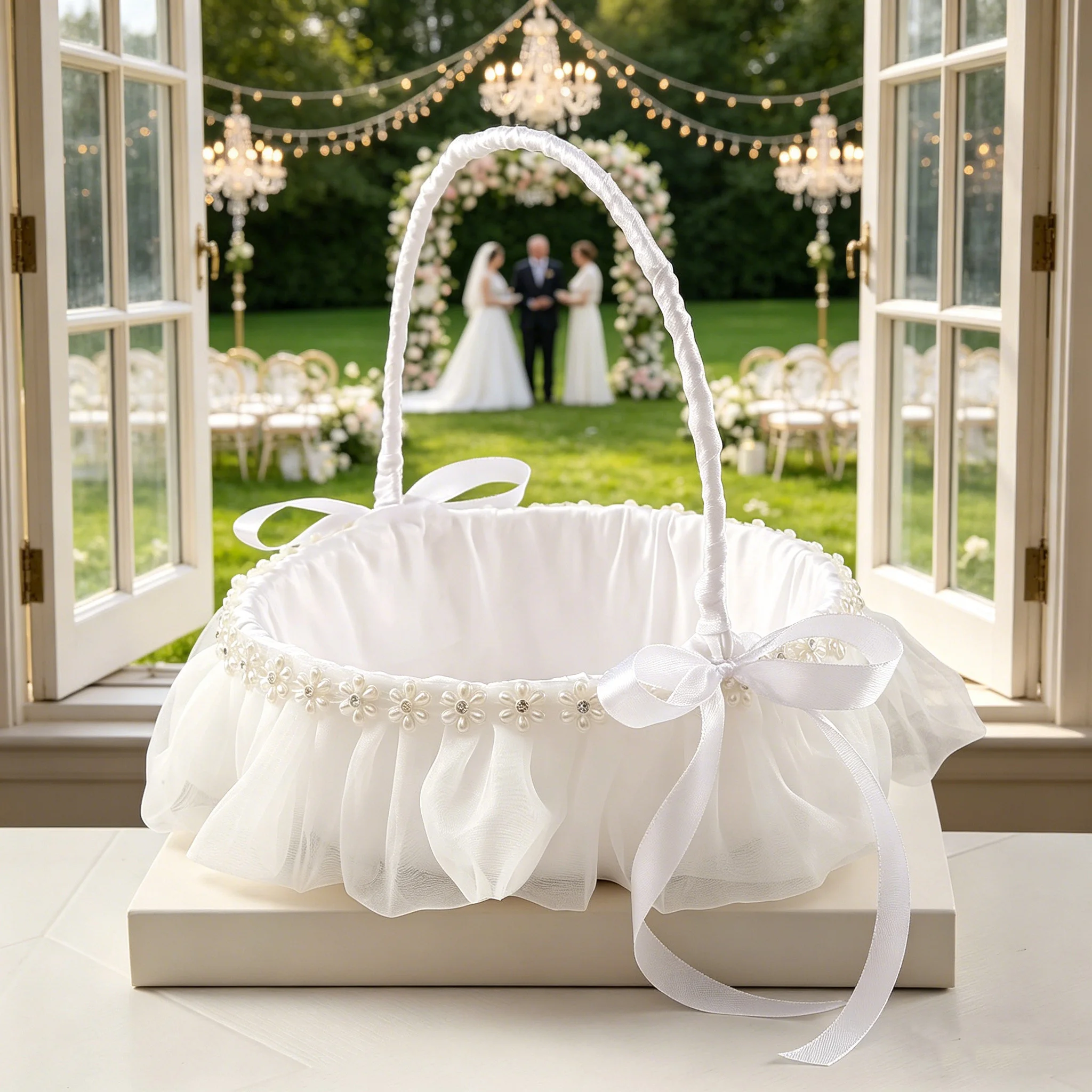 

Elegant and fashionable flower girl basket, artistic wedding props, outdoor lawn wedding backdrop sprinkle basket