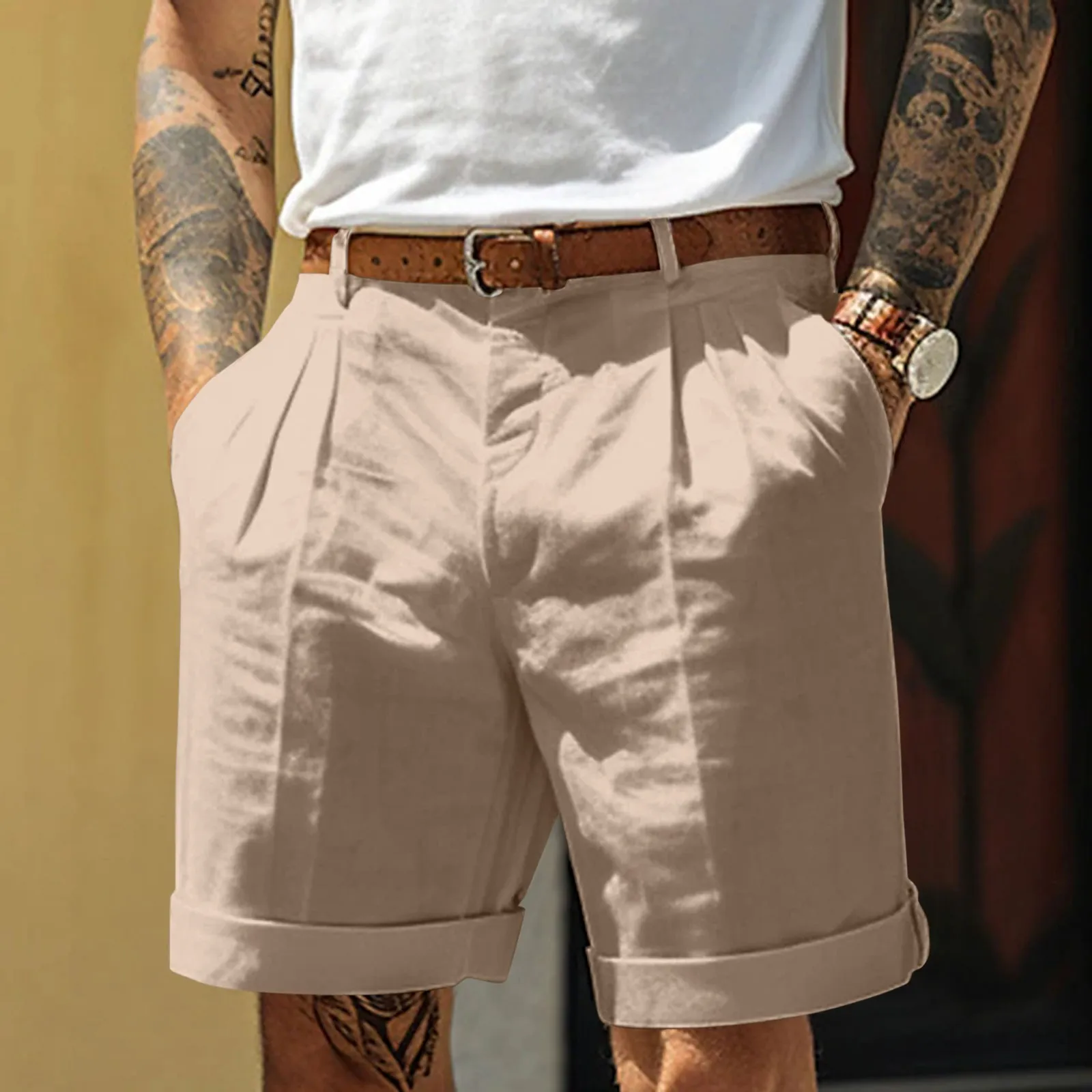 Male Summer Casual Solid Short Pant Button Short Trouser Pant Pocket Short Fashion Short Mercerized Cotton Bermuda Shorts