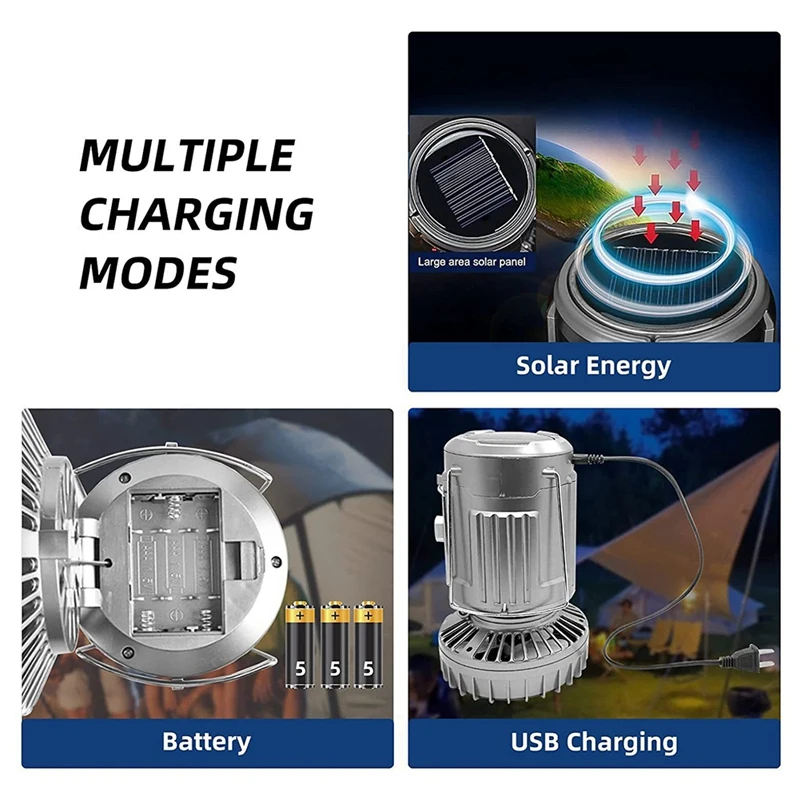 Solar Camping Lantern With Fan,Emergency Flashlight Charging For Phone,USB Rechargeable Portable Camping Fans Durable