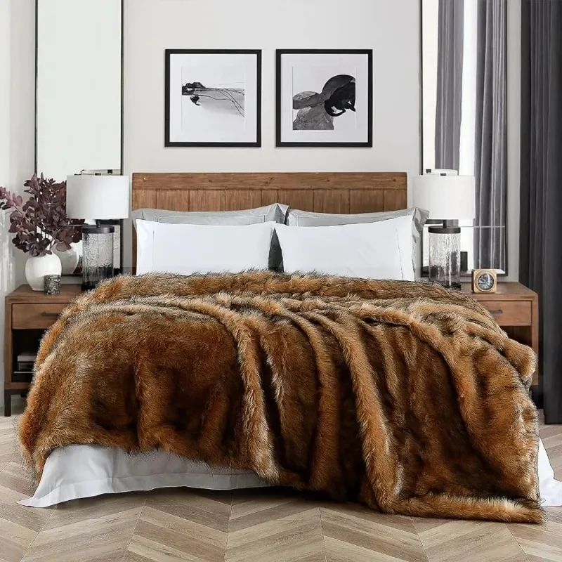 Long Pile Brown with Black Tipped Blanket, Oversized Super Warm, Fuzzy, Elegant, Fluffy Decoration Blanket Scarf for 127x52cm