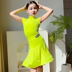 Fluorescent Yellow Latin Dance Dress Girls Kids Cha Cha Rumba Samba Dance Competition Clothing Professional Dance Wear BL13439