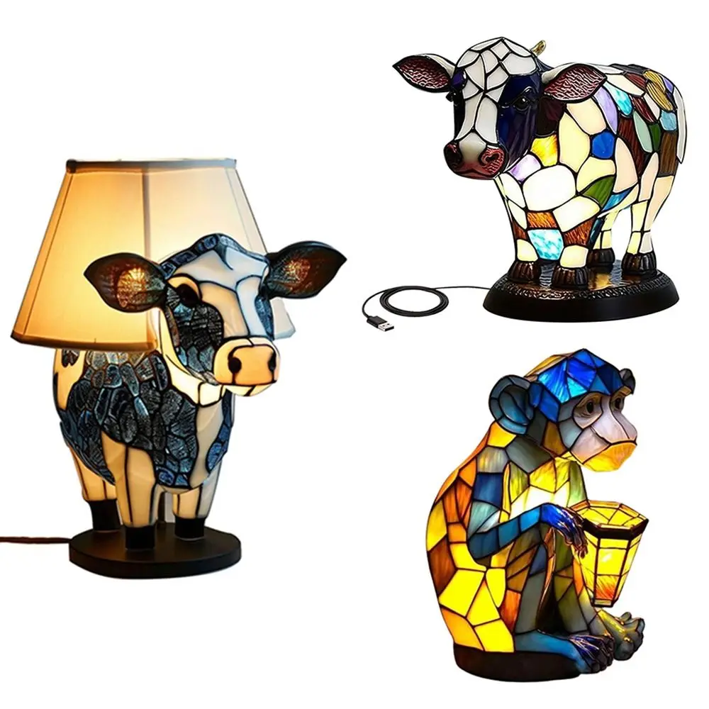 Wystrój Retro lampa stołowa ze zwierzętami małpa w kształcie bydła kolorowa lampa witrażowa 3D żywica kreatywna lampa Led łydki strona główna