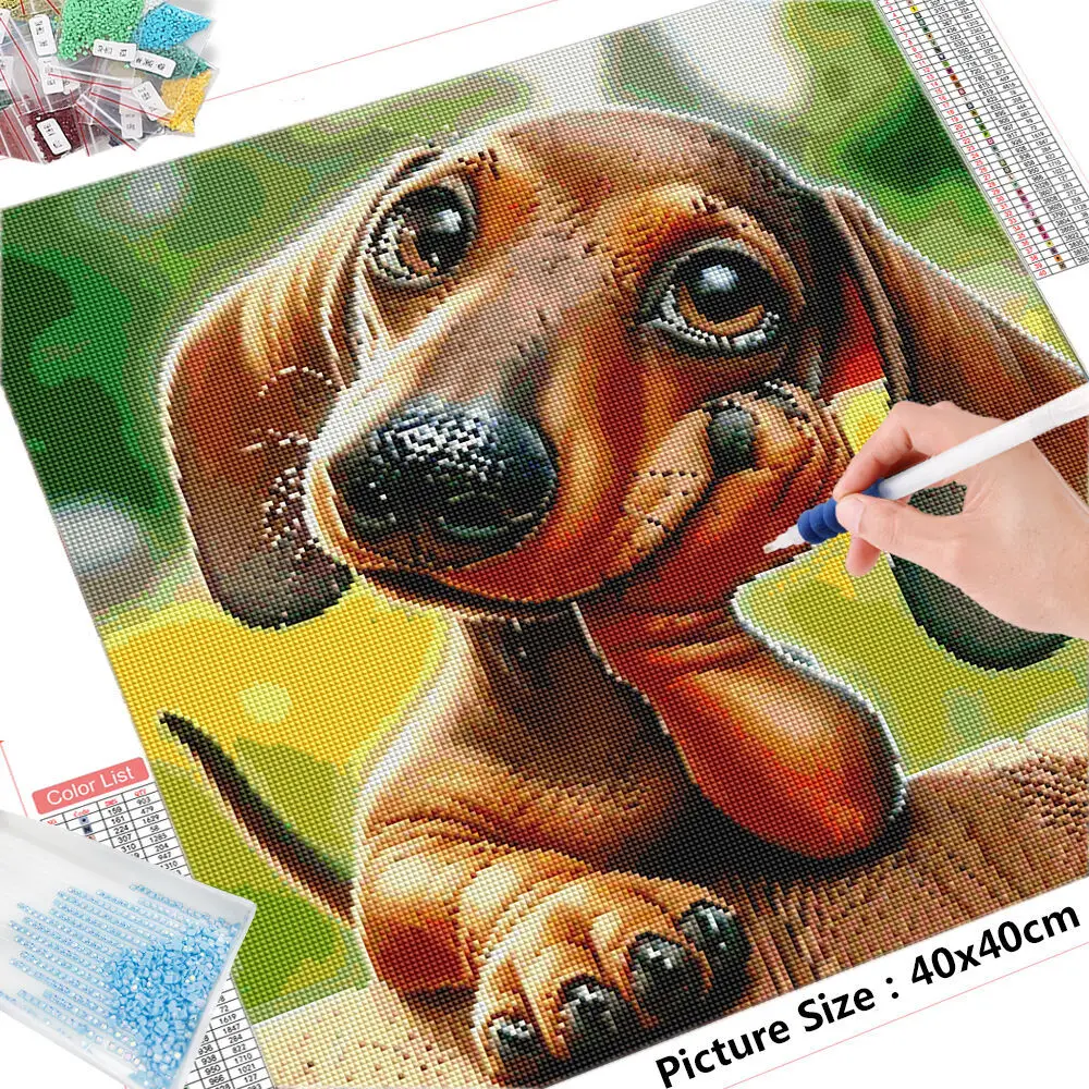 HUACAN Full Square Round Diamond Embroidery Dachshund Cross Stitch Animal Picture Rhinestones Dog Mosaic Painting Handmade Gift