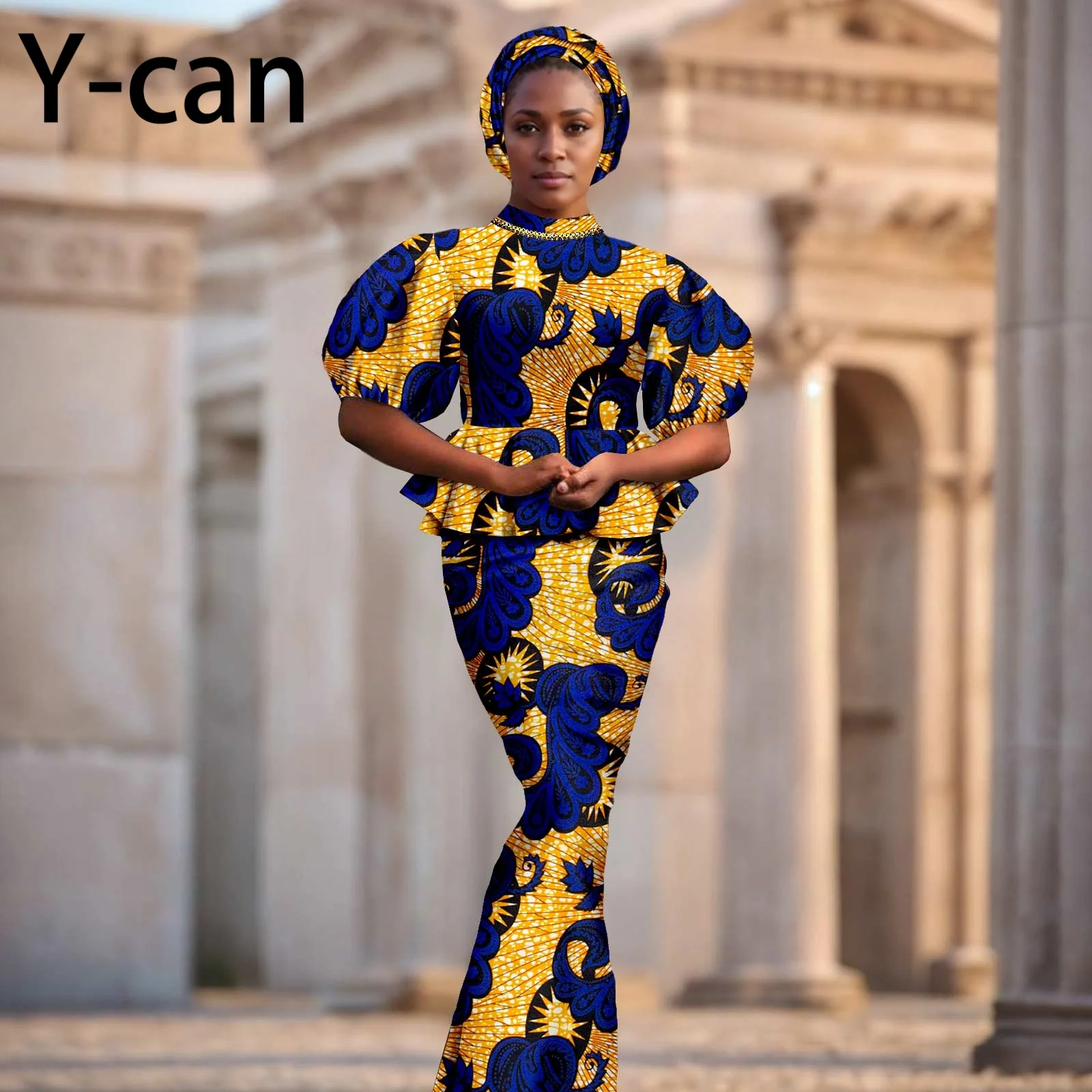 

African Dresses for Women Dashiki Ankara Print Puff Sleeve Ruffles Top and Mermaid Skirt 2 Pieces Sets with Headscarf 2526029