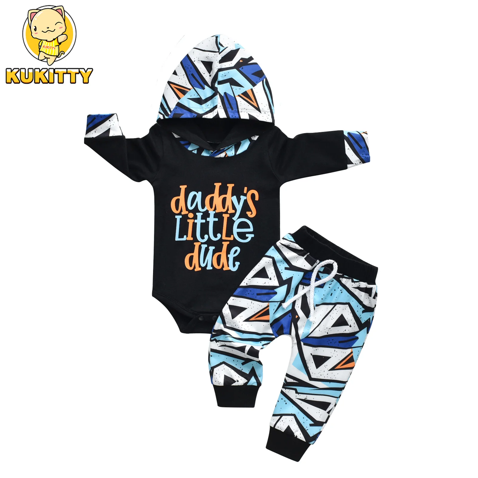 New Printed Newborn Baby Boys 2pcs Clothes Set Thin Cotton Long Sleeve Hooded Romper Bodysuit Top and Pants Fashion Outfit