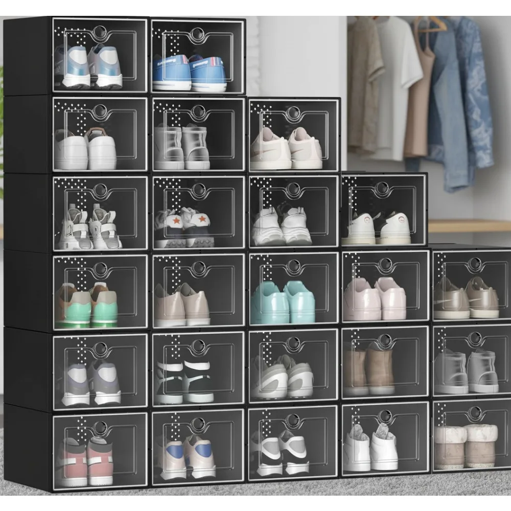 

XL 24 Pack Stackable Shoe Storage Boxes, Fits Up to US Size 15, Plastic Organizer for Closet Space Saving