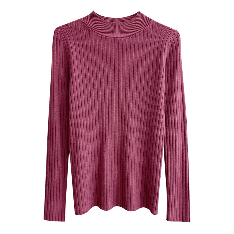 Women Autumn Winter Knitted Sweater Half High Collar Solid Color Underlay All Match Long Sleeve Top