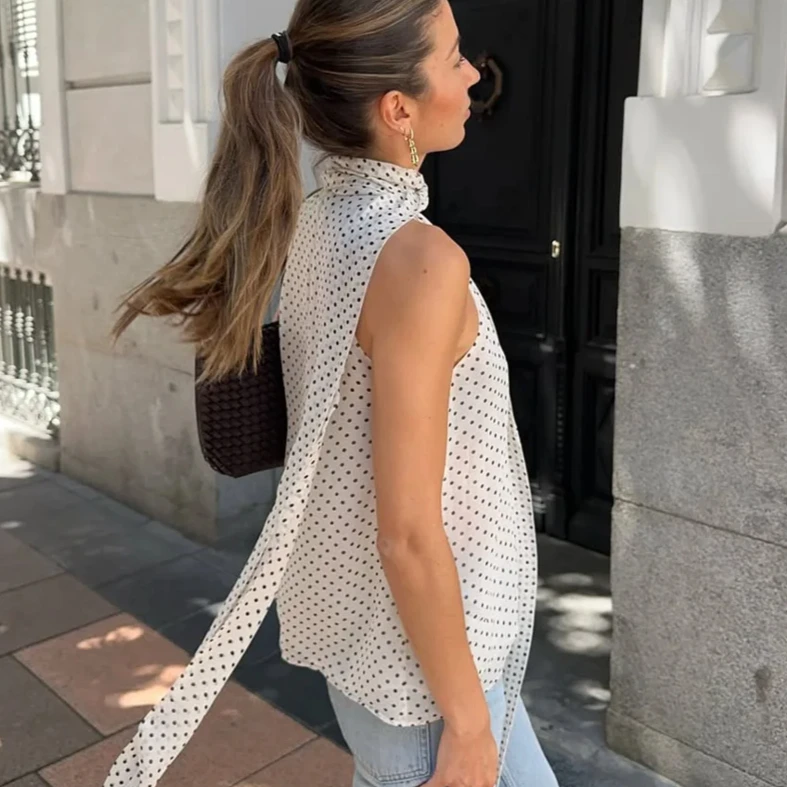 

KONDALA Women Polka Dot Halter Top Sleeveless Back Long Lace-up Top 2025 Summer Fashion High Street Casual Holidays Mujer Top